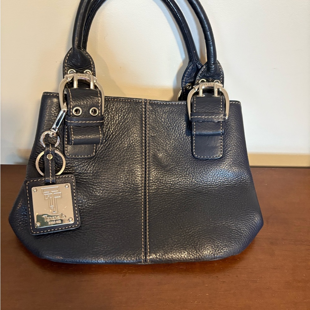 Tignanello Navy Pebbled Leather Satchel with Silver Hardware